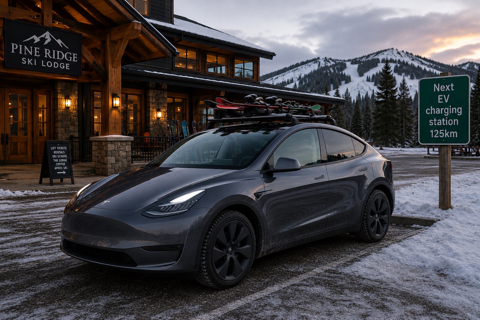 EV parked outside a ski lodge with a sign showing the next EV charging station is 125 kilometres away
