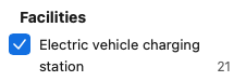 Facilities filter showing Electric vehicle charging station selected