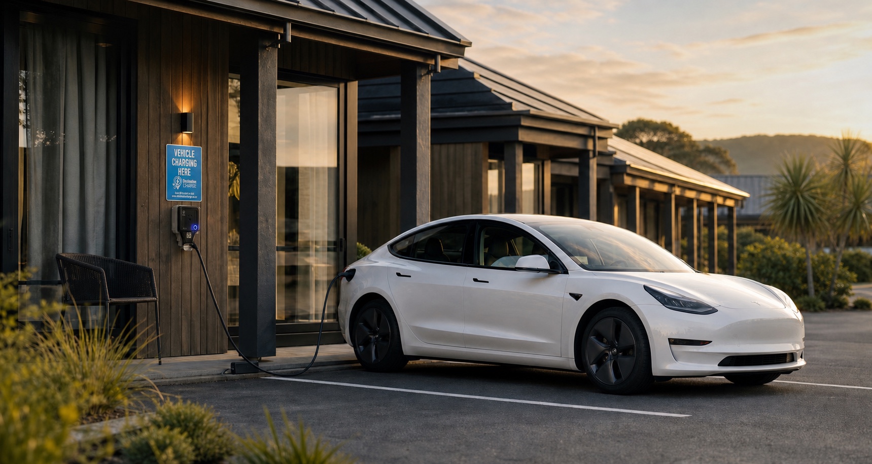 EV charging from a Destination Charge outlet and sign beside accommodation parking