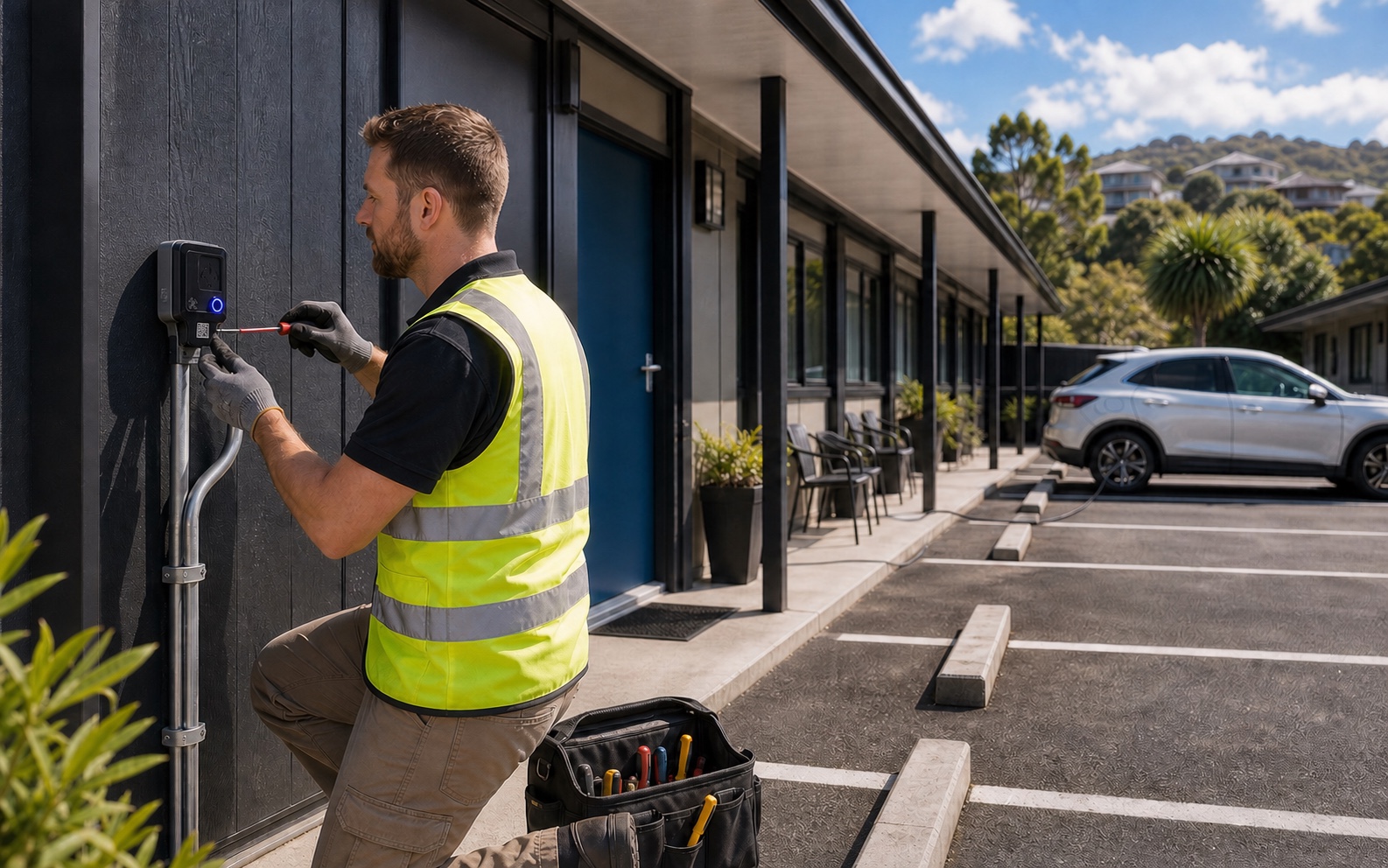 Electrician wiring a Destination Charge outlet to accommodation infrastructure