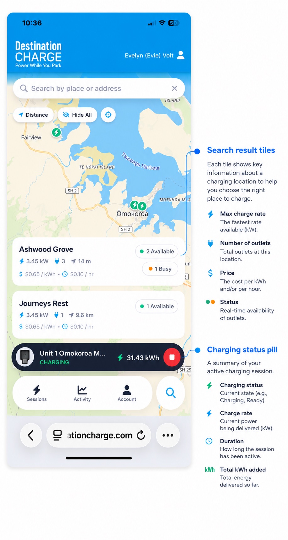 Destination Charge web app screen showing search result tiles and active charging status explanations
